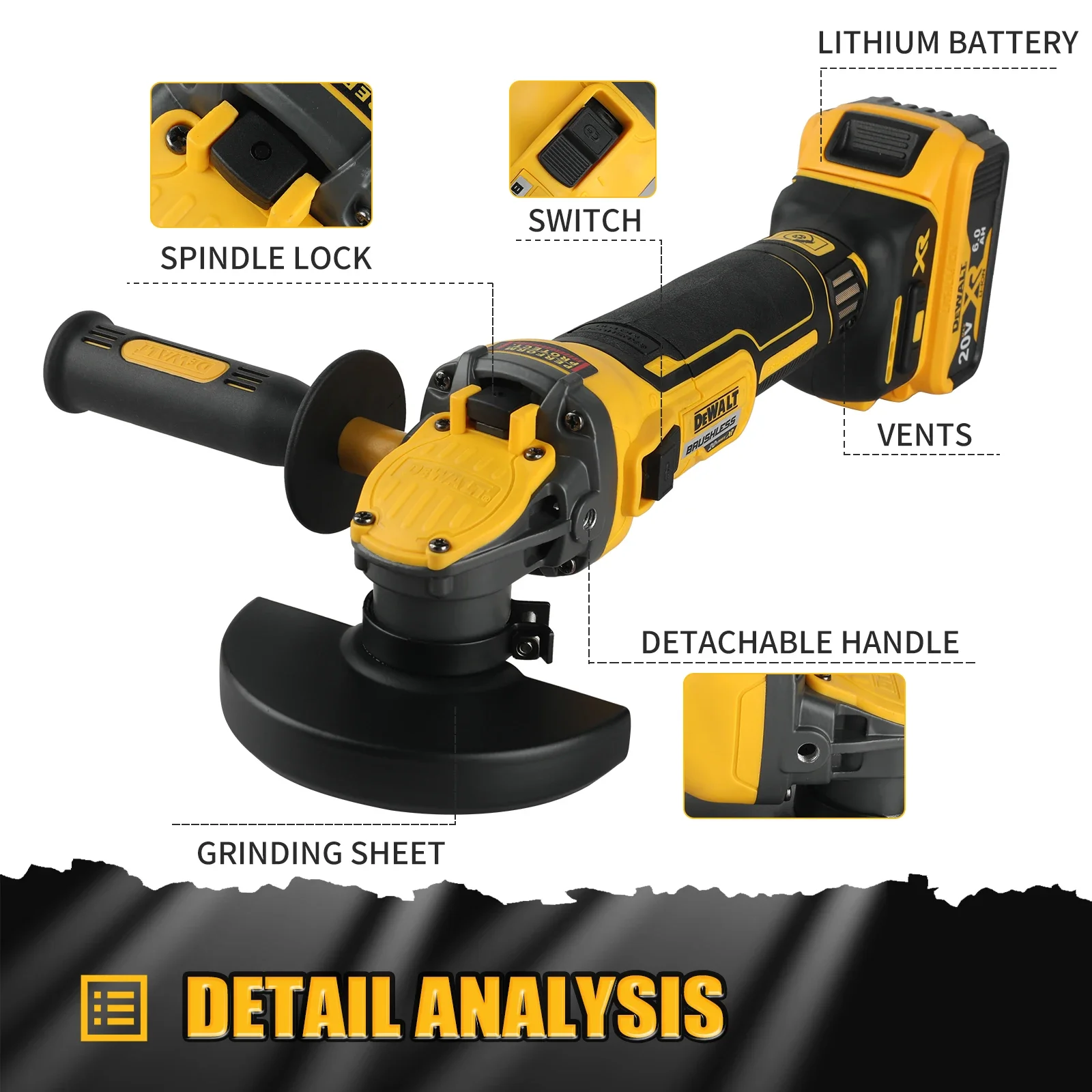 DEWALT DCG409B 20V MAX Cordless Brushless Angle Grinder 5in Flat Head Kickback Brake Bare Tool For Metal Grinding Jobsite