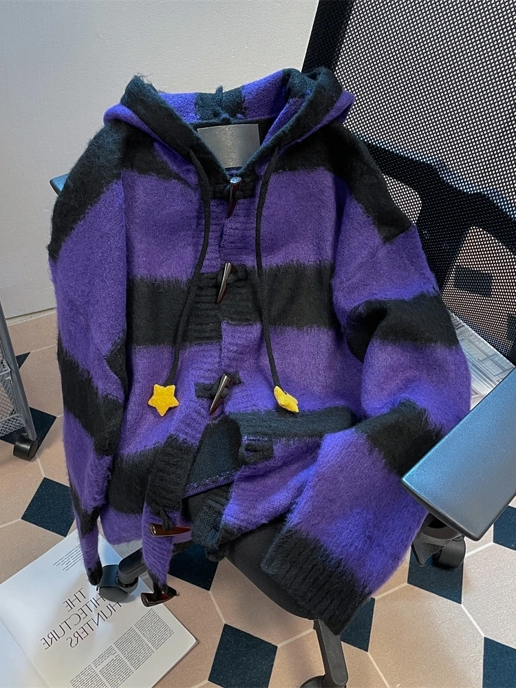 Unisex Cute Star Stripe Hooded Sweater Women's Autumn and Winter Anime Mine Knitting Cardigan Coat
