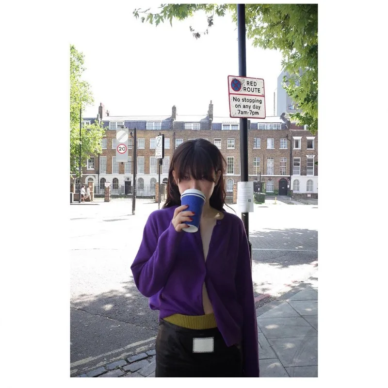 

Purple Solid Color Cardigan Basic Round Neck Single Breasted Wool Jacket for Women, Autumn and Winter 2025