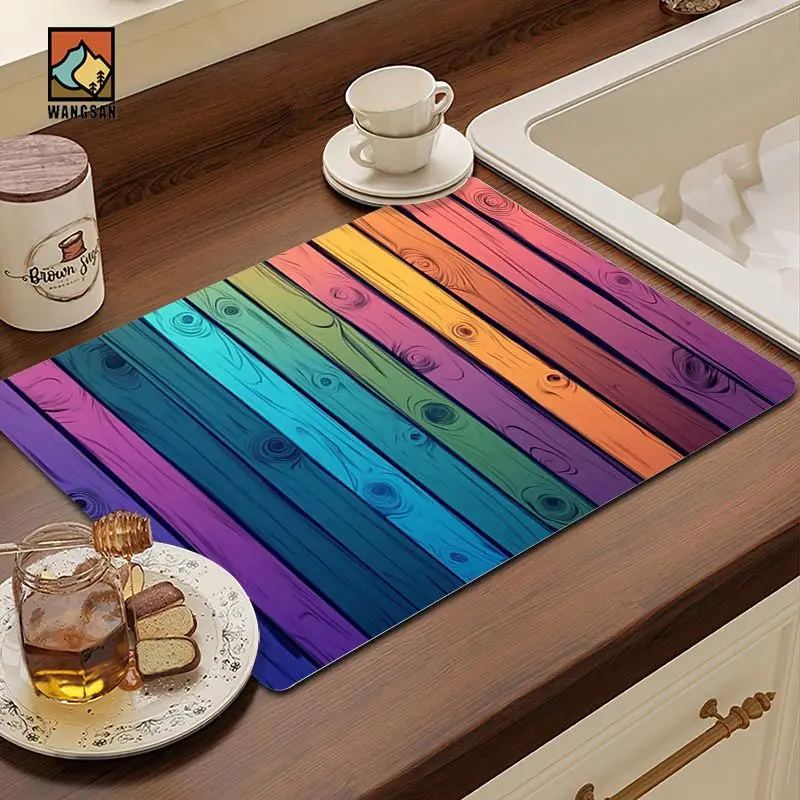 VIKAMA Colorful Striped Drain Mat Wood Grain Printed Absorbent Kitchen Countertop Mat Coffee Machine Table Top Home Decor