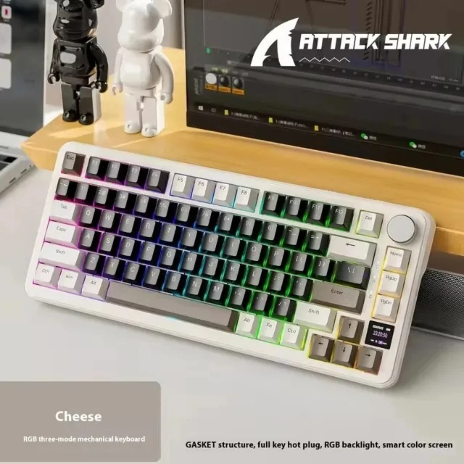 Attack Shark X85 Pro Mechanical Keyboard Hot-Swap RGB Smart Color Screen Gasket Mount Alloy Knob