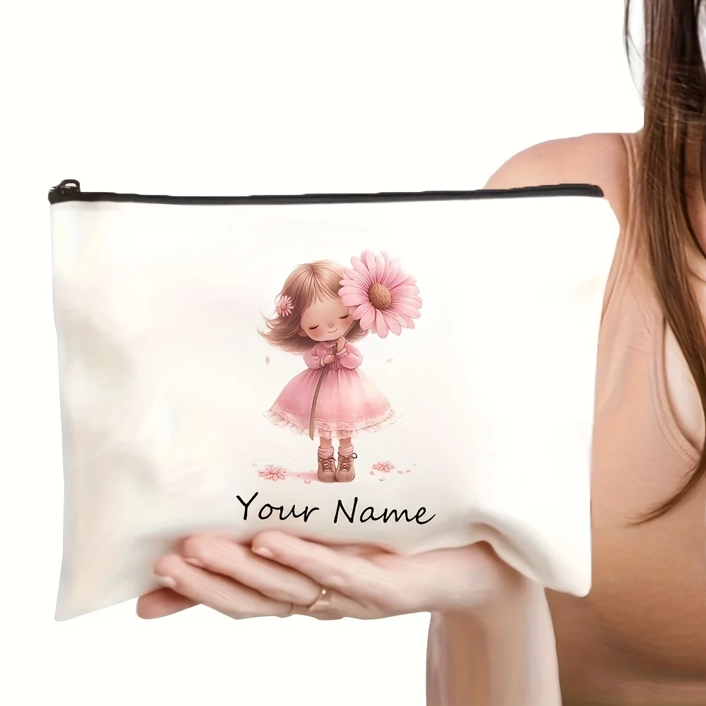 Custom Name Cute Relaxed Floral Lily Little Girl Theme Design Elements Adorable Handbag Makeup Pouch Medicine Storage Bag