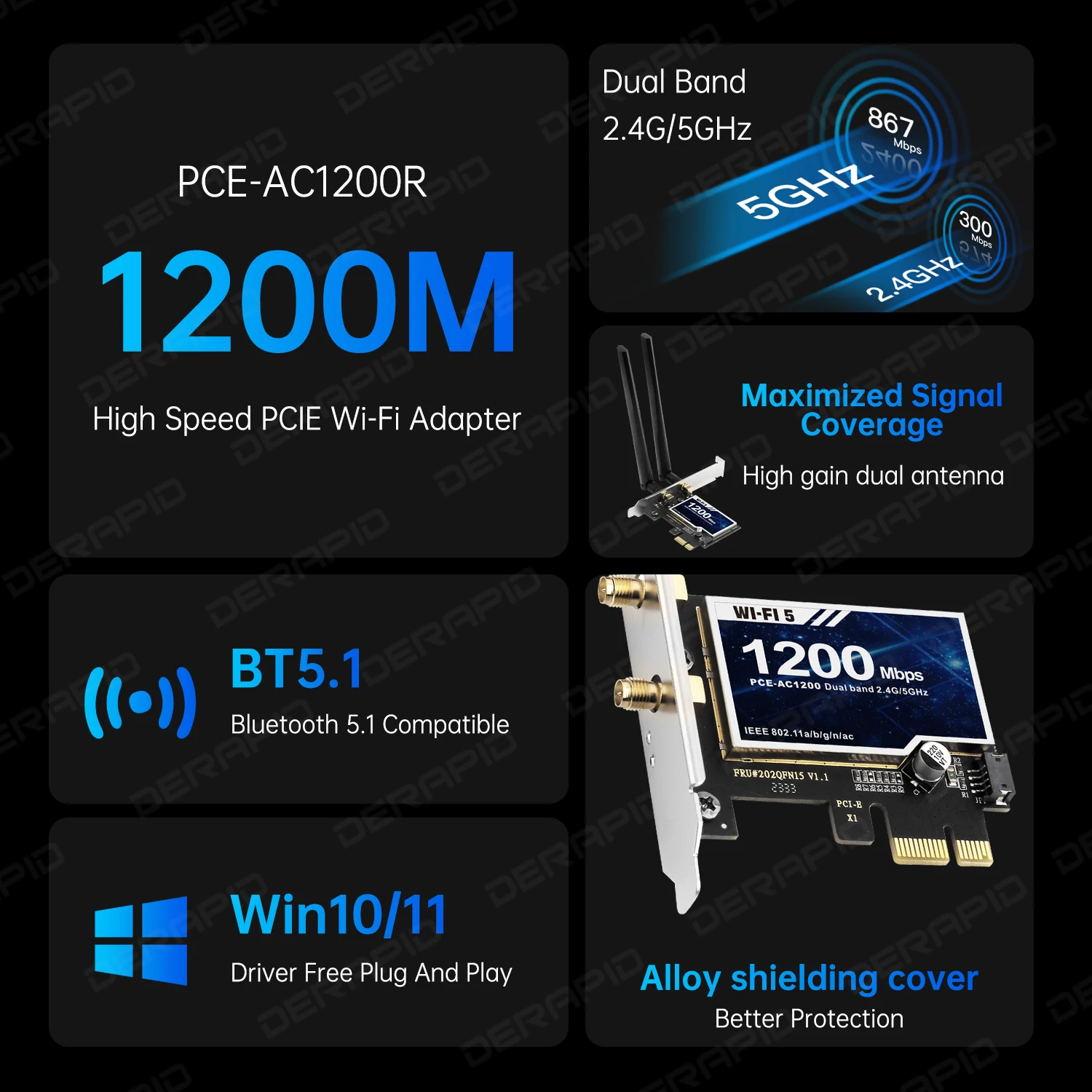 Dual Band AC1200 RTL8822CE WiFi Card for PC Bluetooth 5.1 867Mbps 5GHz PCIe Network Card Windows 10 11 Driver-Free Installation