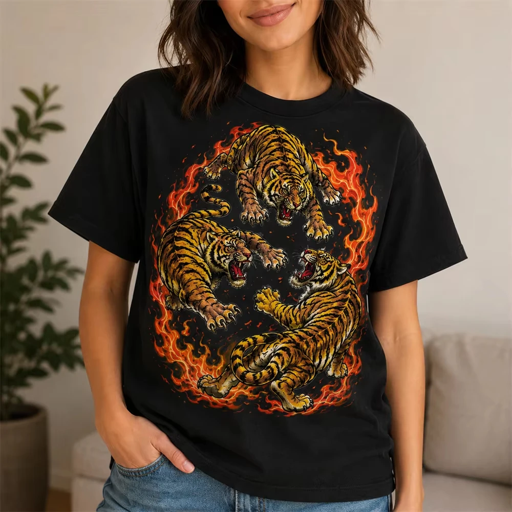 Vintage Dragon Tiger Print T-shirt Japanese Harajuku Retro Tee Cool Flame Design Short Sleeve T Shirts Casual Loose Streetwear