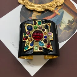 2024 New European and American Trend Heavy Industry Black Enamel Glaze Ruby Spring Opening Inlaid with Rhinestone Glass Bracelet