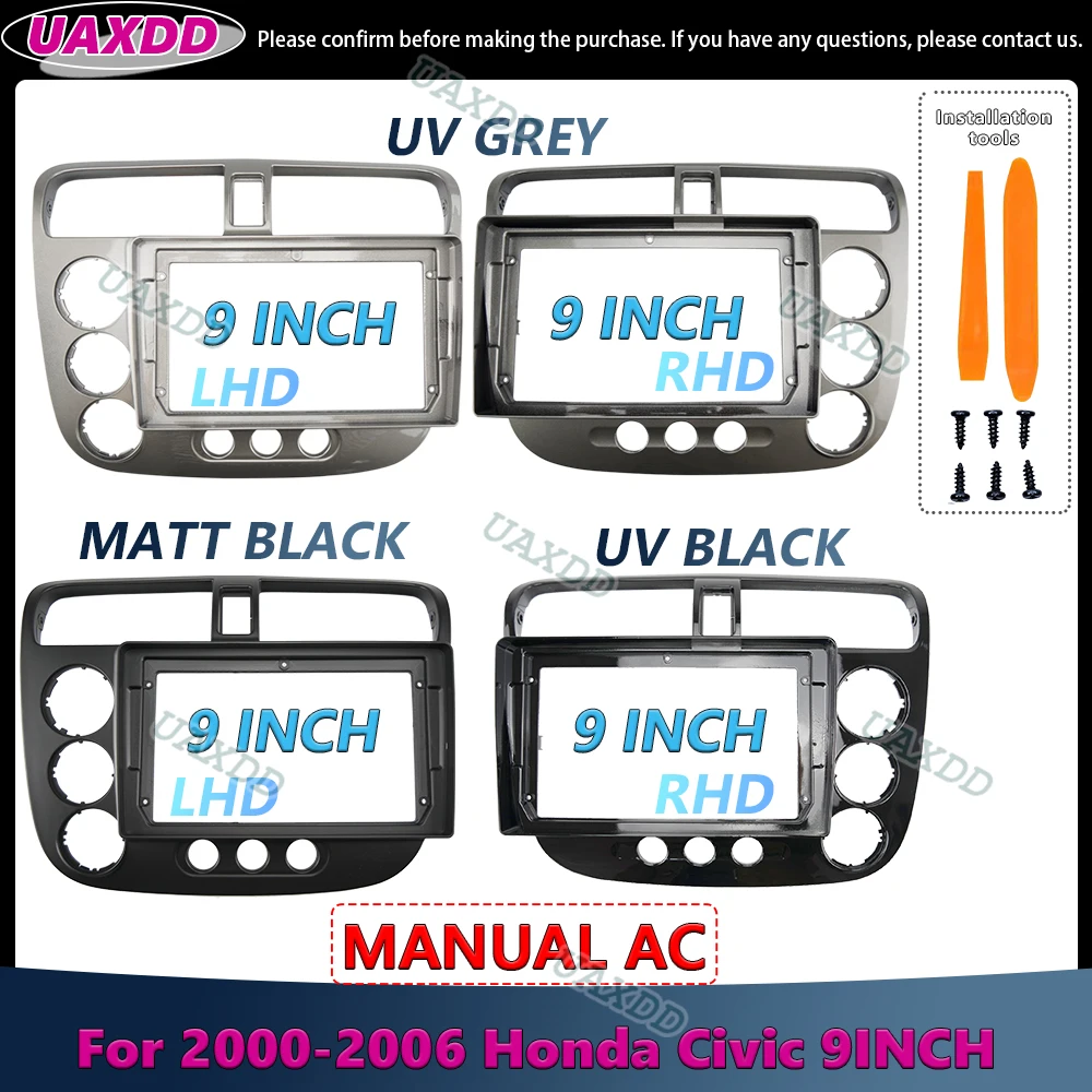 UAXDD For 2000-2006 Honda Civic 9INCH MANUAL AC 2Din Car Interior Stereo Android Frame Kit Center Fascia Cable Player Multimedia