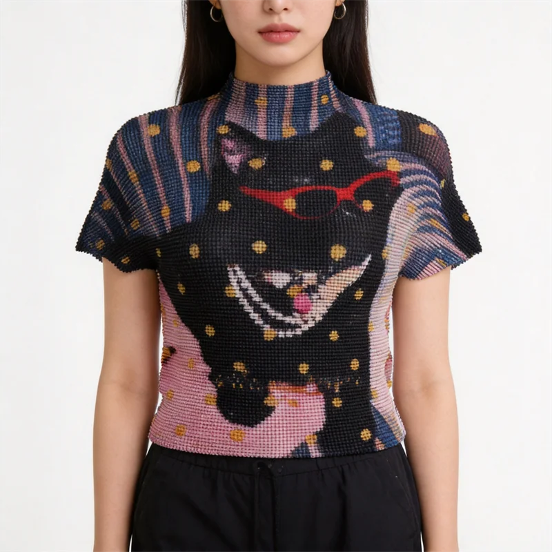 

Miyake Pleated Women Casual Tops 2026 New Japanese Design Cartoon Print High Collar Short-sleeved Slim Sweet T-shirt Small Shirt