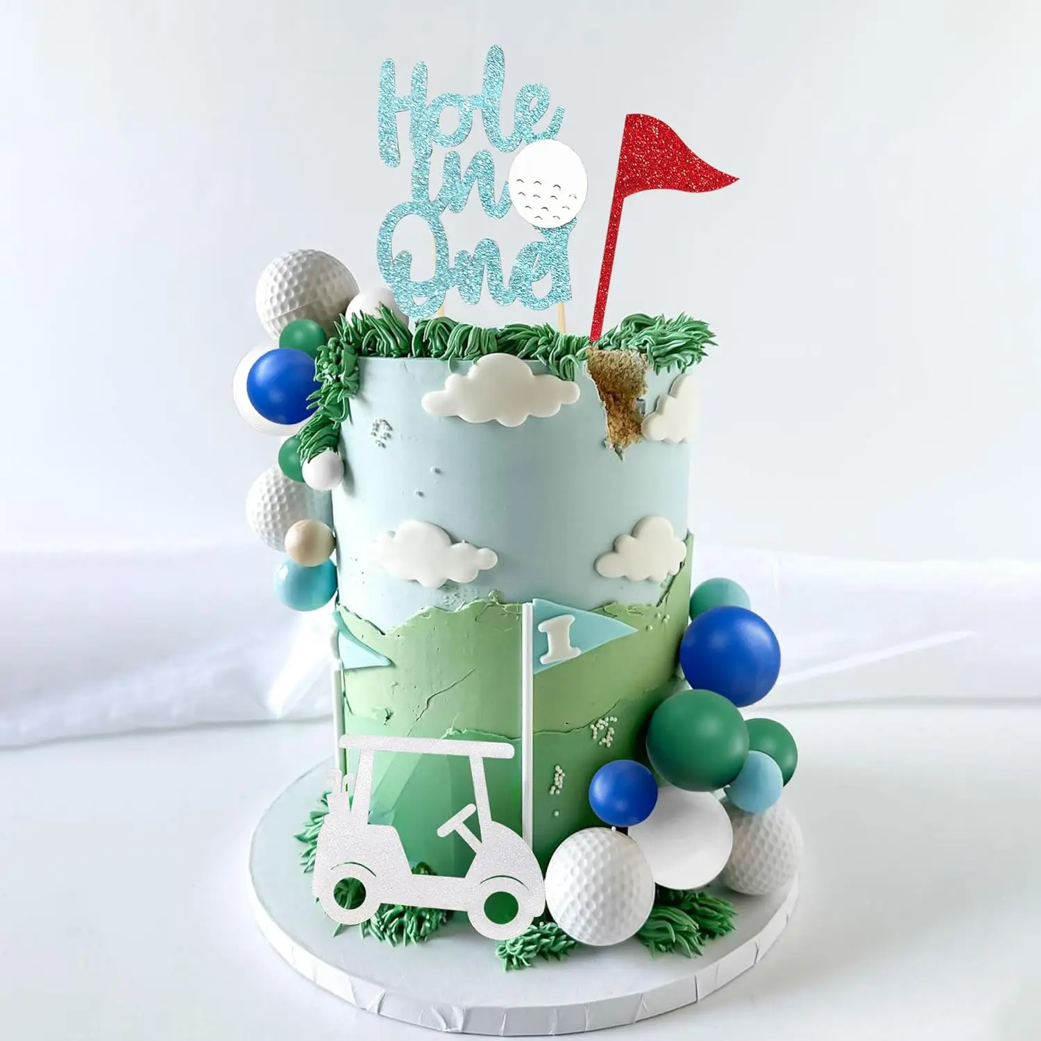 

Топпер для торта в стиле гольфа «Hole in One» с флагом-гольф-каром, зелеными и синими шариками для первого дня рождения или вечеринки в стиле гольфа