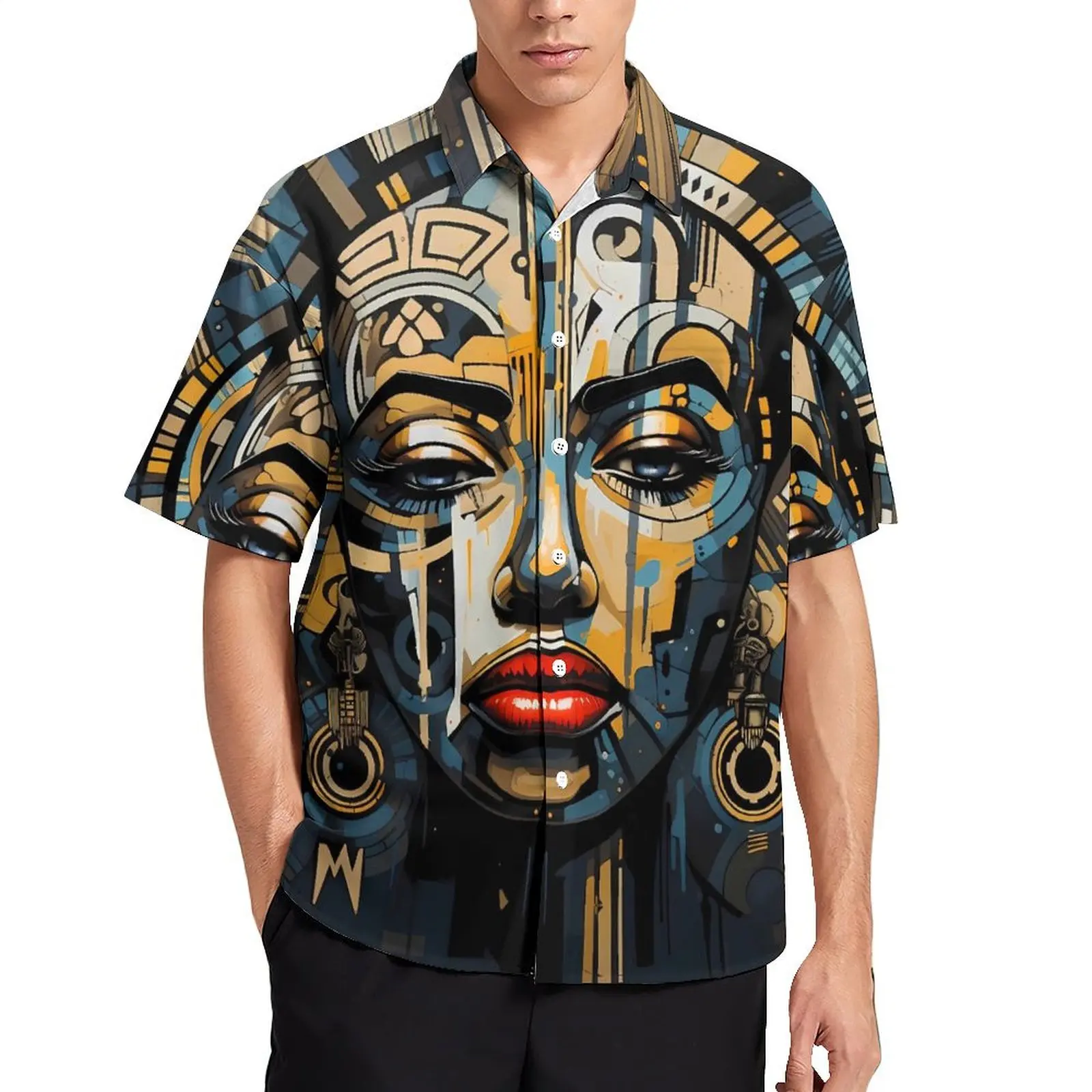 

Lady Face Print Casual Shirt Abstract African Novelty Summer Shirts Men Short Sleeve Vacation Comfortable Plus Size Blouses