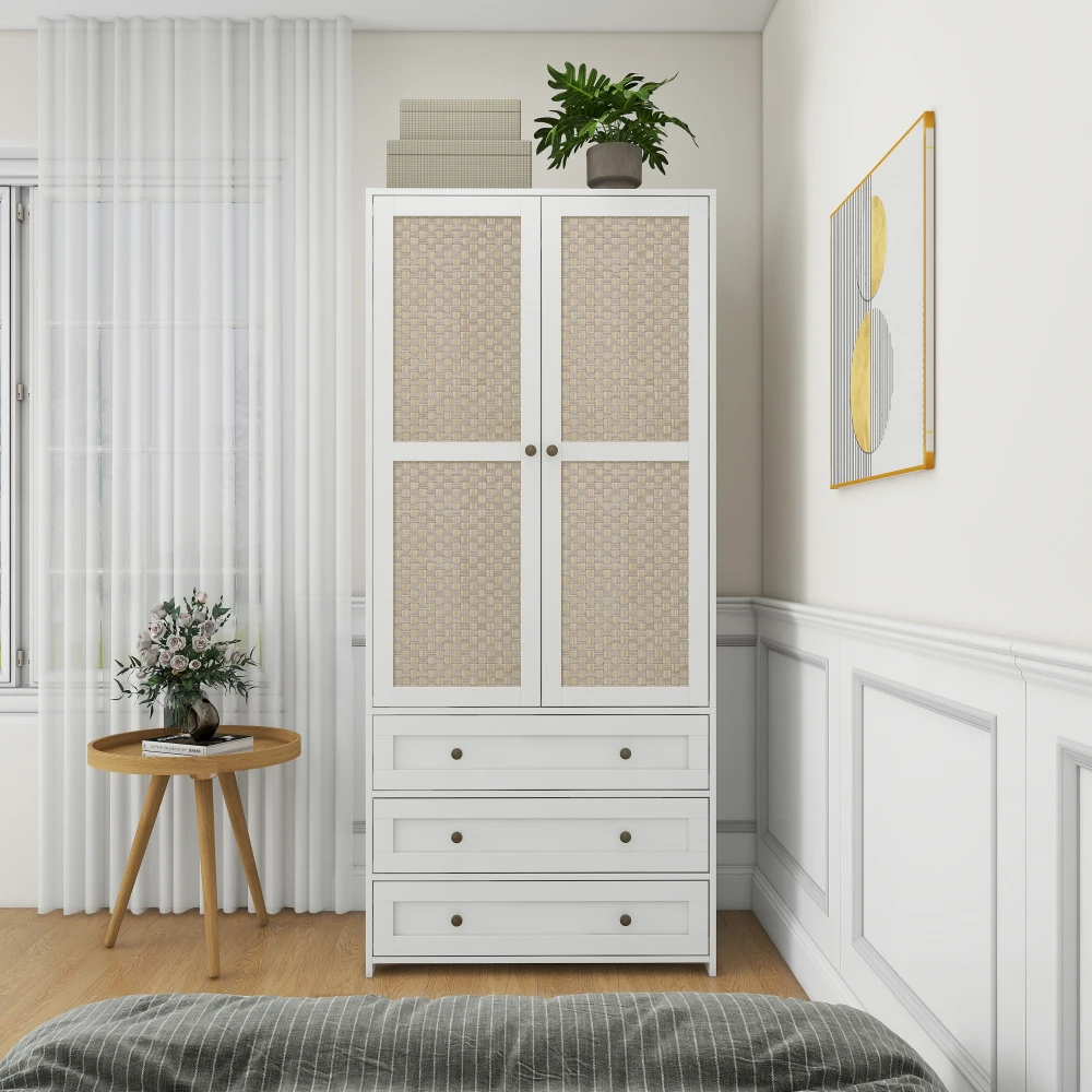 

2-Door with 3 Drawers High Wardrobe Armoire with 2 Rattan Door Wide Drawer Cabinet Bedroom Living Room Chest of Wood