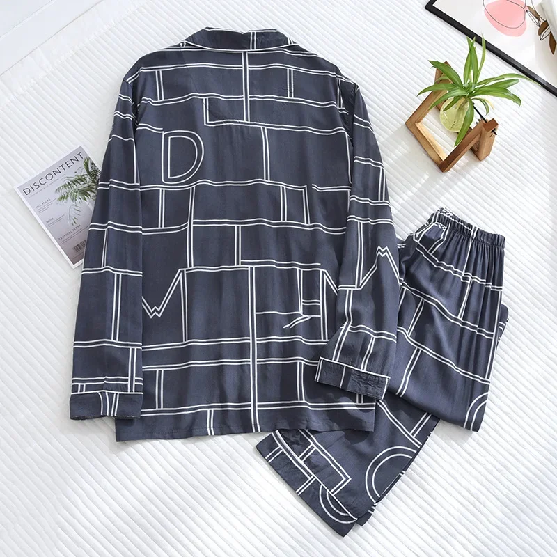 Spring and summer new men\'s pajamas long-sleeved trousers two-piece set 100% viscose thin homewear set cardigan large size sleep