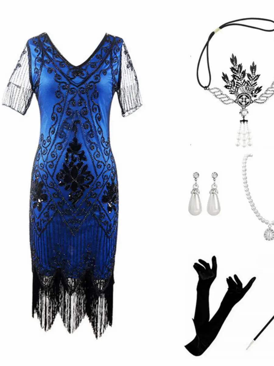 فستان مثير مزين بالترتر والشراشيب لحفلات الهالوين، زي غاتسبي بطراز عشرينيات القرن الماضي، فستان سهرة بأكمام قصيرة للمناسبات ا... #5