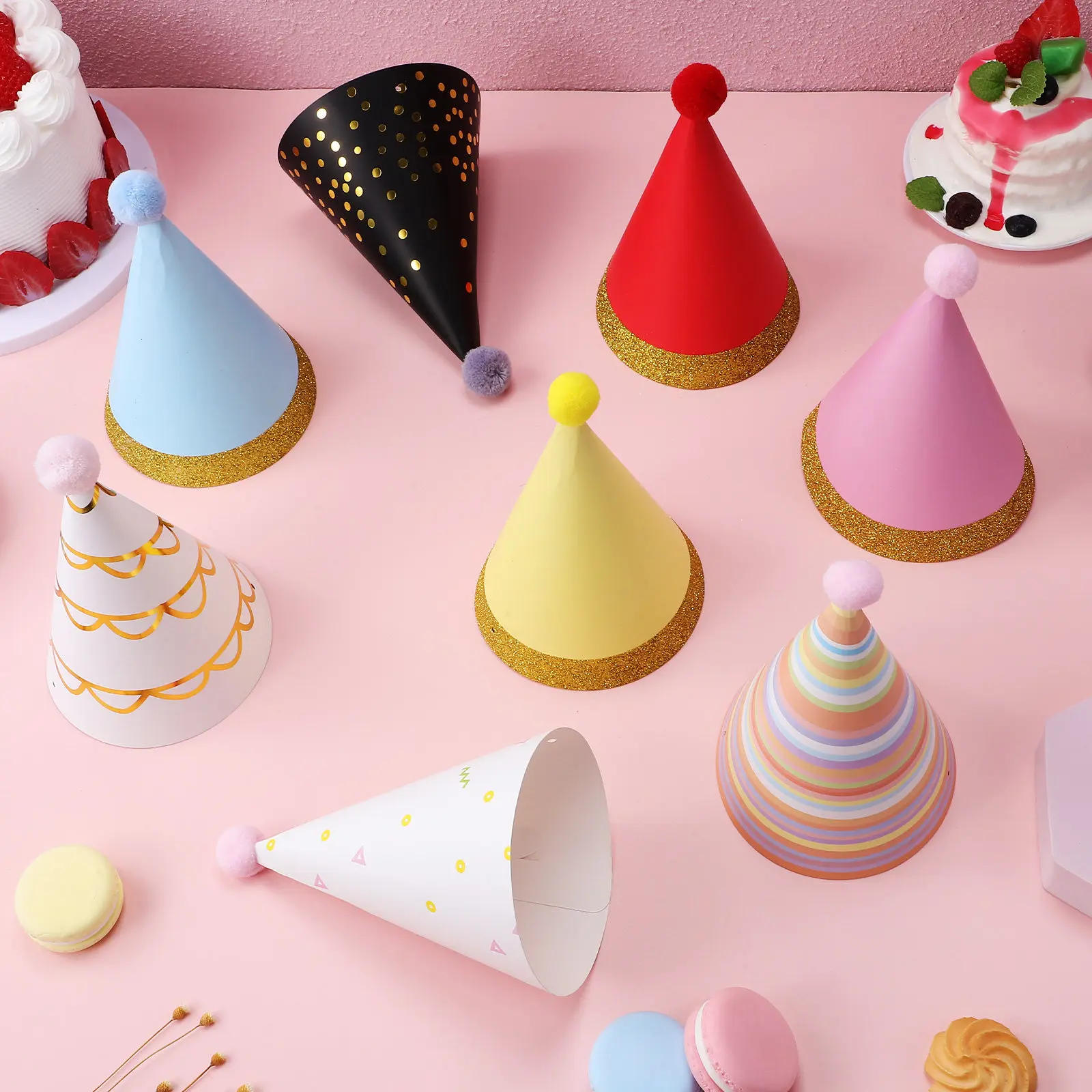 

16 шт. праздничных колпаков для дня рождения, украшения для вечеринки - детские конусные колпаки с блестками и помпонами для взрослых и детей
