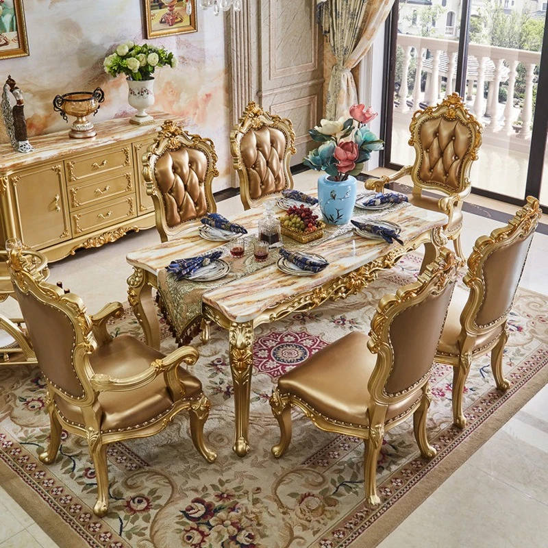 

European dining table marble dining table solid wood carving flower French rectangular leather 6 people