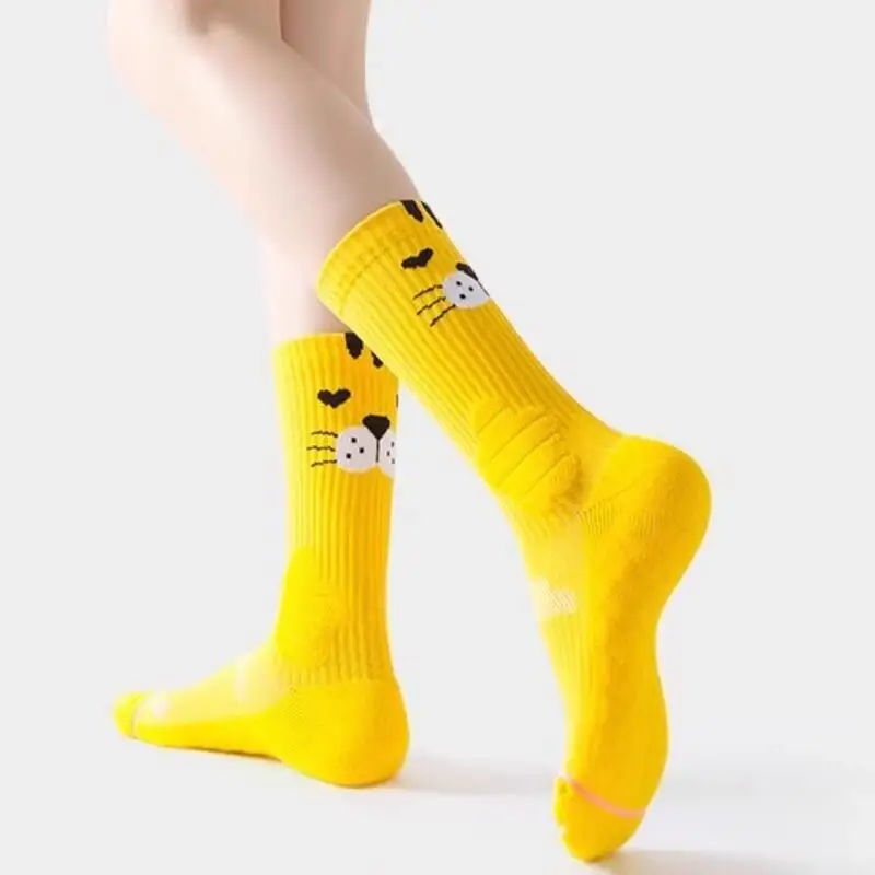 4pair Women’s Professional Sports Socks Mid Calf Spring Cartoon Thick Towel Bottom Running Badminton Fitness Basketball Sock