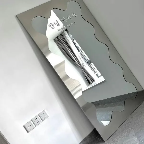 Stainless steel floor mirror, clothing store, full body fitting mirror, photo posting, wall-mounted retro full length mirror
