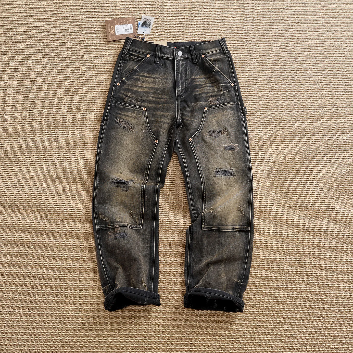 100% cotton heavyweight logging overalls men's distressed splash ink damaged patch pocket canvas straight pants