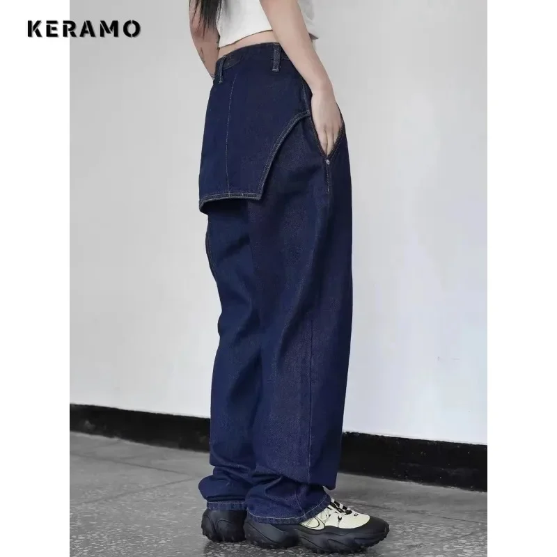 Women's Casual Harajuku Aesthetic Jeans Vintage  Emo Loose Washed Pants Y2K Wide Leg Punk Solid Belted Baggy Denim Trouser