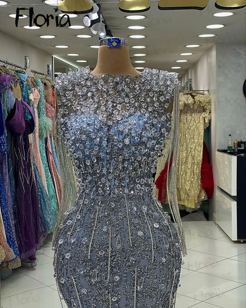 Glitter Long Chains Crystals Party Dress O Neck Mermaid Luxury Celebrity Gowns For Dinner Customize Dubai Evening Prom Dresses