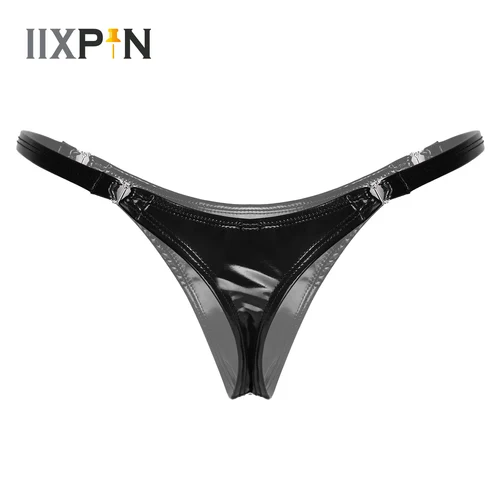 Bragas sexis de látex en Tanga, vendaje de tiro bajo, Micro Tanga calado, ropa interior erótica con espalda en T, superficie lisa, breve de talla grande