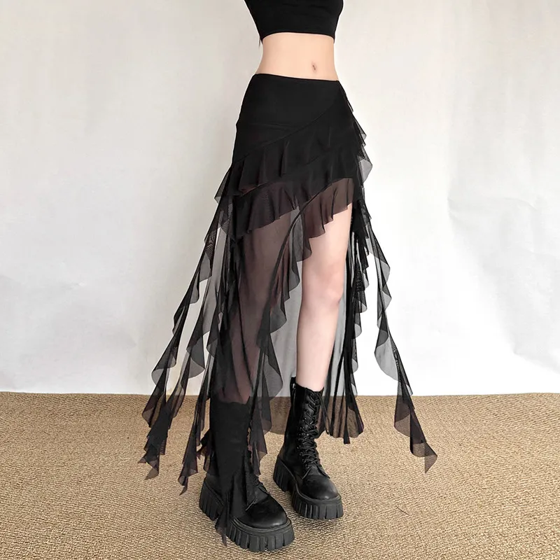Goth Dark Mall Gothic Black Outfits Women Fashion Street Bottoms Mesh Patchwork Irregular Hem Skirt Kawaii Ruffles Skirts