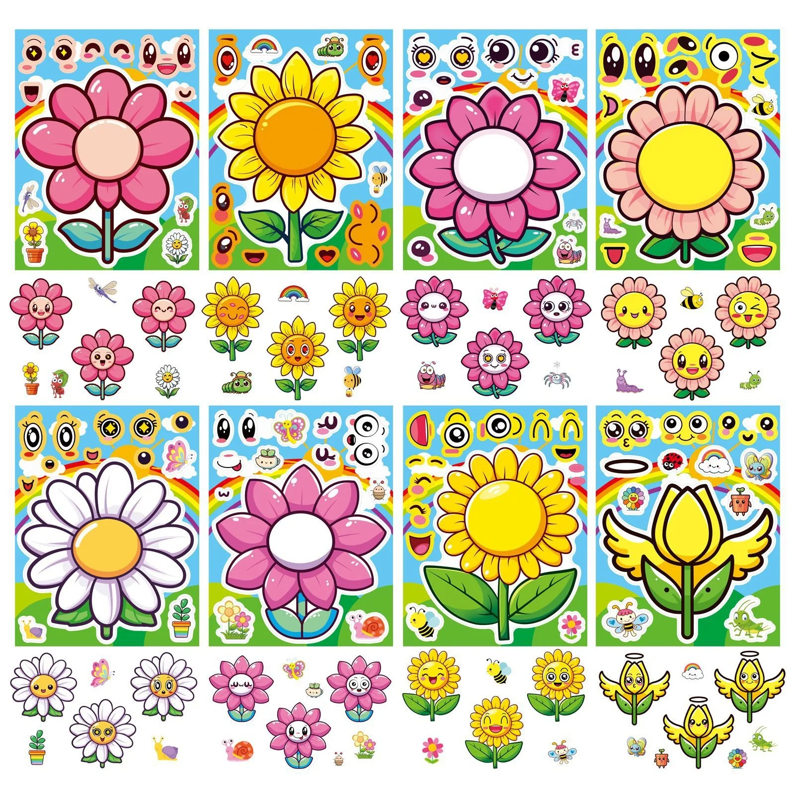 8/16PCS Cute Flower DIY Puzzle Sticker Cartoon Make a Face Waterproof Sticker Decorative Water Cup Guitar Phone Laptop Luggage
