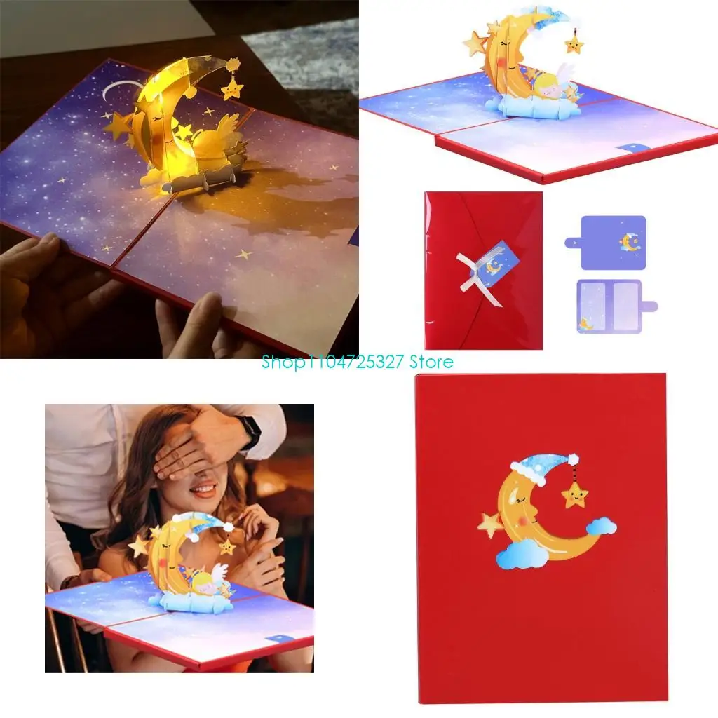 D8KF LED تضيء بطاقة مرحلة القمر ورقة مصنوعة يدويًا للذكرى السنوية لعيد الحب عرض المنزل بطاقة دعوة للحفلات