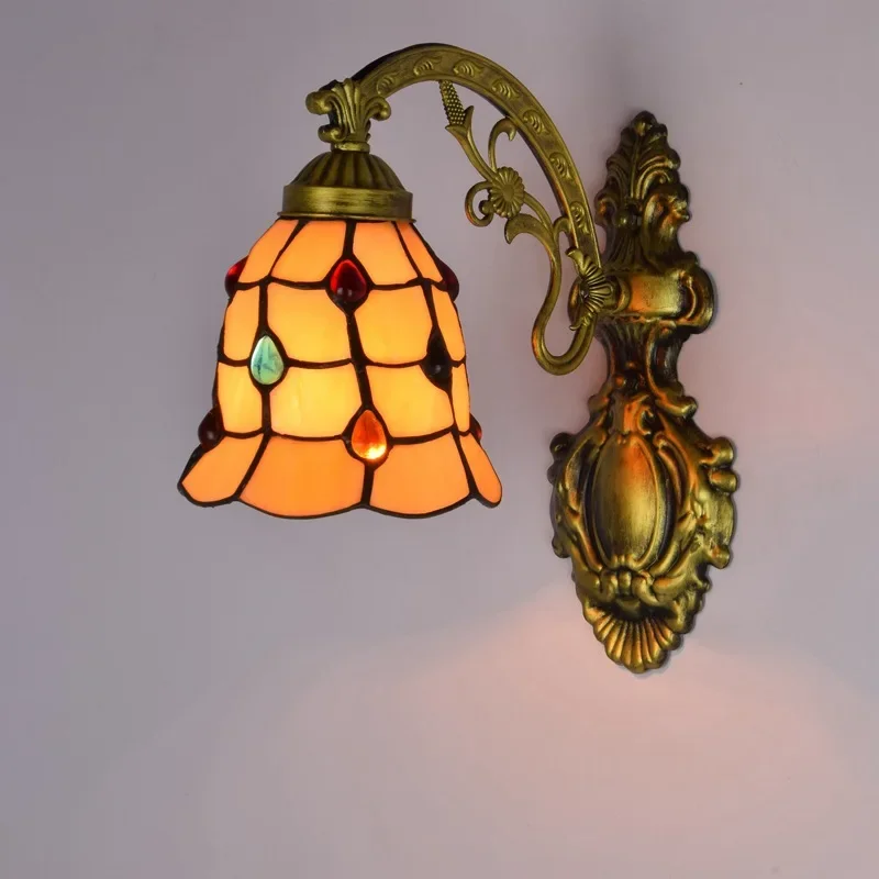 

Tiffany stained glass retro mirror headlamp pastoral bedside wall lamp aisle colored beads glazed wall lamp