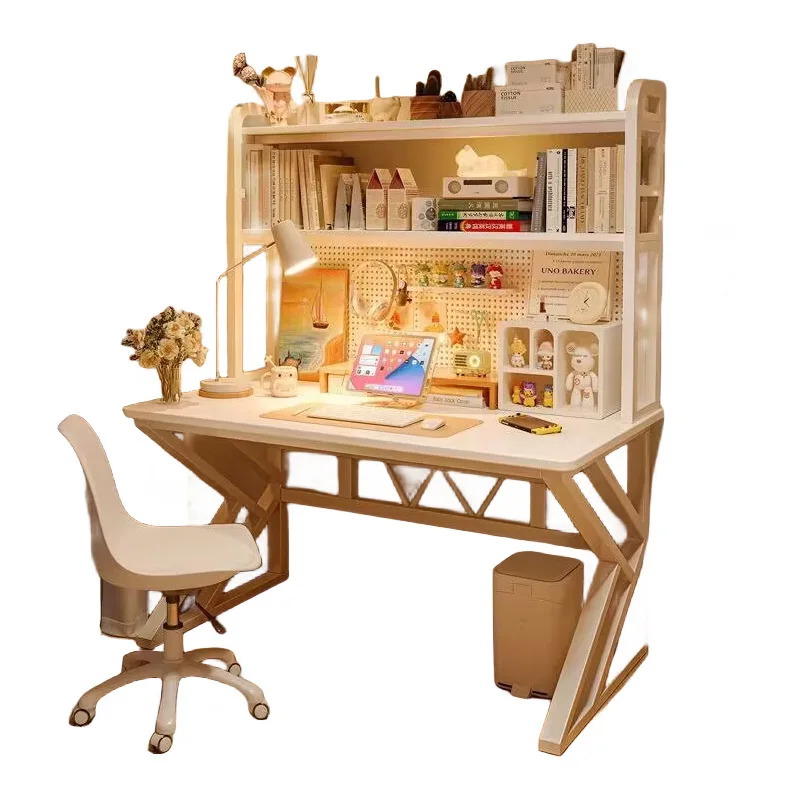 

Girls' bedroom computer desk, dresser with bookshelf, hole board,integrated white e-sports table, student learning writing table