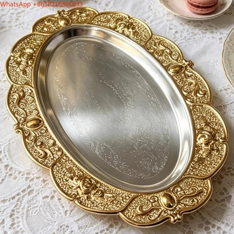 Limited Offer Home Dessert Snack Plate European Oval Fruit Plate, Exquisite Carving Creative Display Metal Cake Tray
