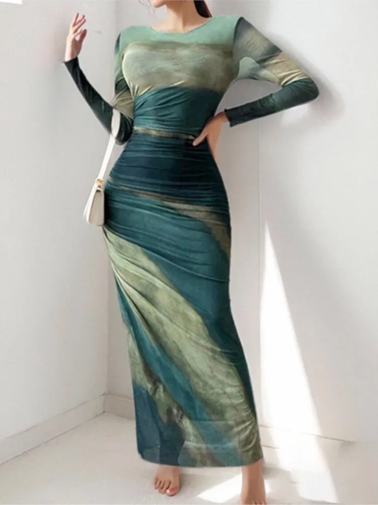

Elegant Minimalist Long Dress For Women's Spring Summer New Fashion Print Sexy Slim Fit Casual Long Sleeved Round Neck Dress