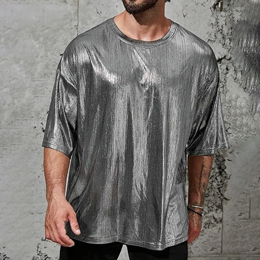 Streetwear T-Shirt Loose Mens O-neck Sequins Shiny Short Sleeve Solid Color Daily Holiday Party Nightclub Comfy