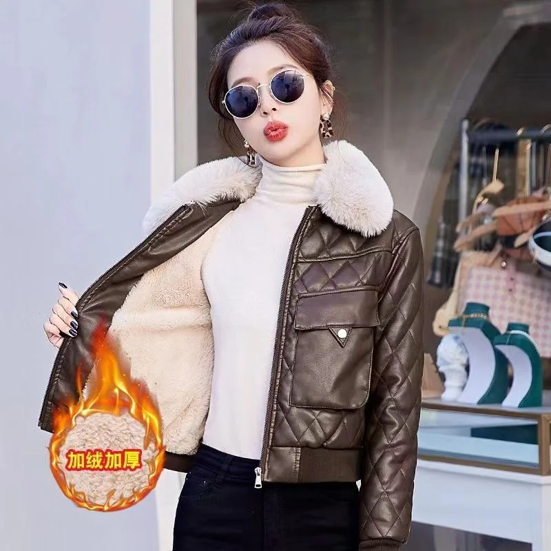 Fur Collar Thick Leather Jacket With Velvet Leather Jackets Women's Short Winter Coat Fashionable Motorcycle Cotton Fur Outwear