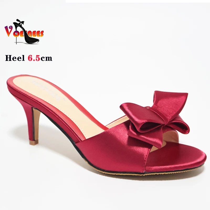 2024 Red Medium Summer Elegant Slippers Solid Color Bow Thin Heel Shoes Women Sandals New Fashion Silk Shallow Modern Slippers