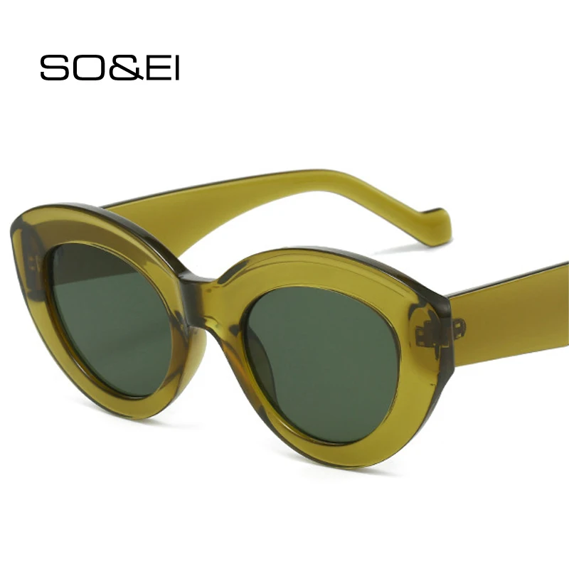 SO&EI Fashion Women Oval Cat Eye Luxury Sunglasses Brand Designer Retro Olive Green Shades UV400 Men Trending Sun Glasses