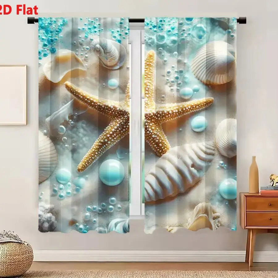 2Pcs Curtains 2D Flat Beach Themed Arrangement With Yellowish - Brown Starfish White Spots Seashells In Various Shapes Sizes Lig