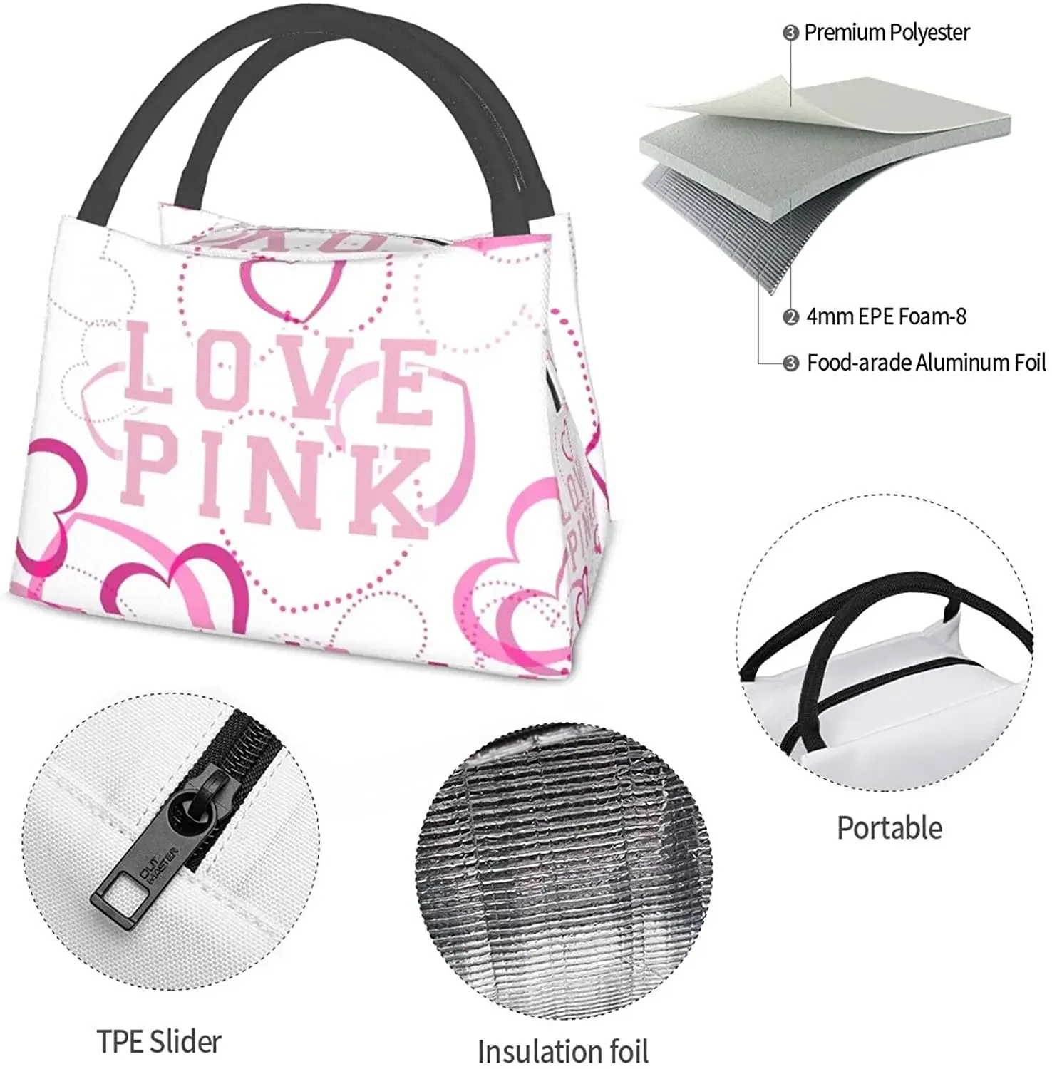 Love Pink Heart Women Secert Insulated Lunch Bag Reusable Water-Resistant Bento Tote Box Portable Lunch Bags