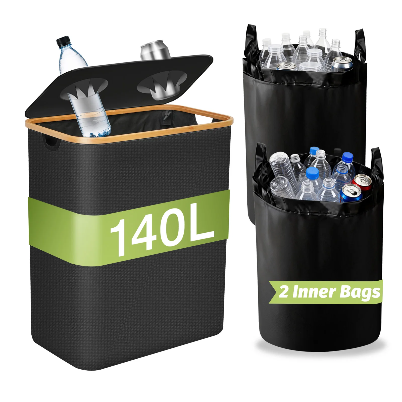 Poubelle de recyclage de cuisine 100L/140L à double compartiment, double sac, en tissu lavable, avec ouverture supérieure, bac de rangement pliable pour bouteilles