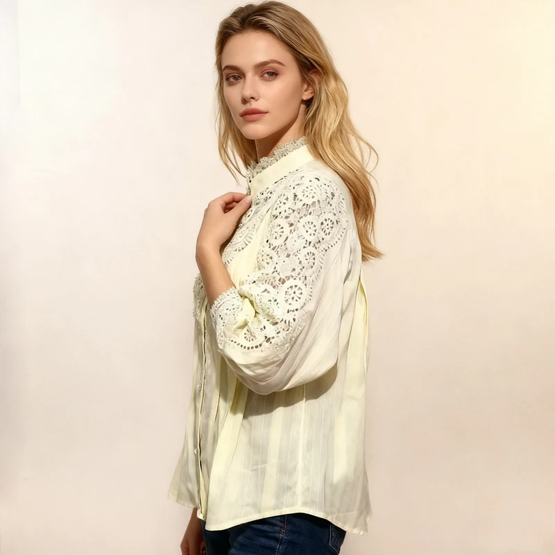 2025 blusa de primavera de estilo francés para mujer, blusa de flores para oficina para mujer, camisa con botones y cuello levantado de encaje calado, ropa femenina 12419