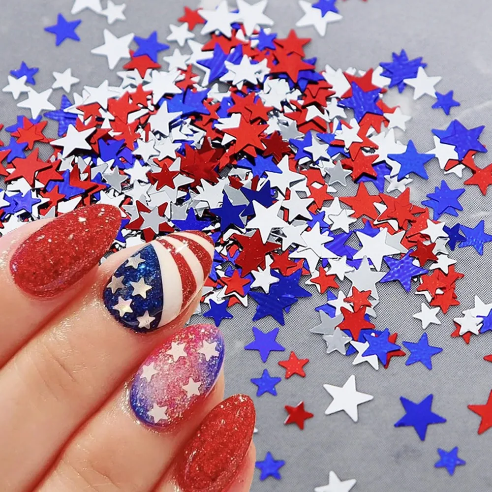 Colorful Star Glitter Nail Art Kit - Mini Star Sequins Holographic Pentagram Glitters for 4th of July DIY Nail Designs