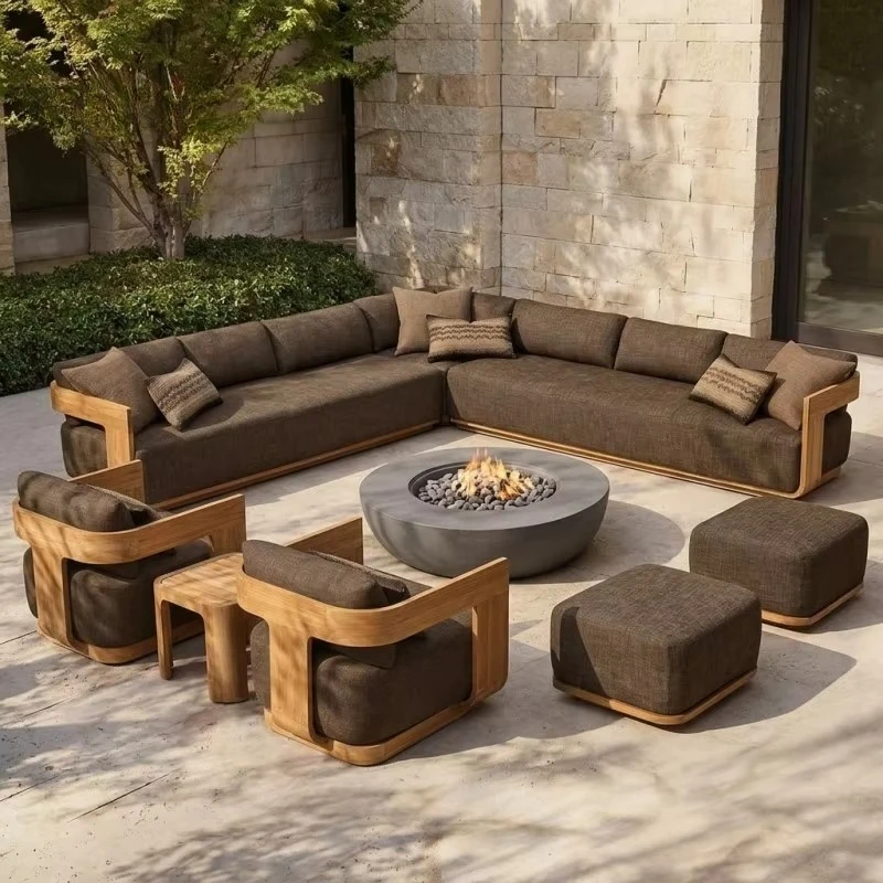 Hotel Modern Luxury Waterproof Teak Wood Garden Sofa Set Villa  Lounge Set Outdoor Sectional Patio Furniture Set Outdoor Sofa