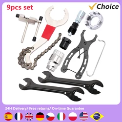 9pcs Bicycle Repair Tool Kit Cassette Remover Wrench Chain Breaker Crank Puller Extractor Spoke Bottom Bracket Freewheel Tool