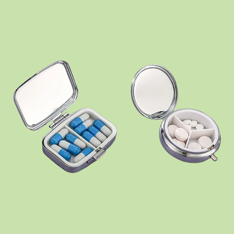 1*Medicine Box Portable Simple Square Pill Box Circular Metal Pill Box With Mirror Travel Pill Capsule Box Drug Dispense Storage