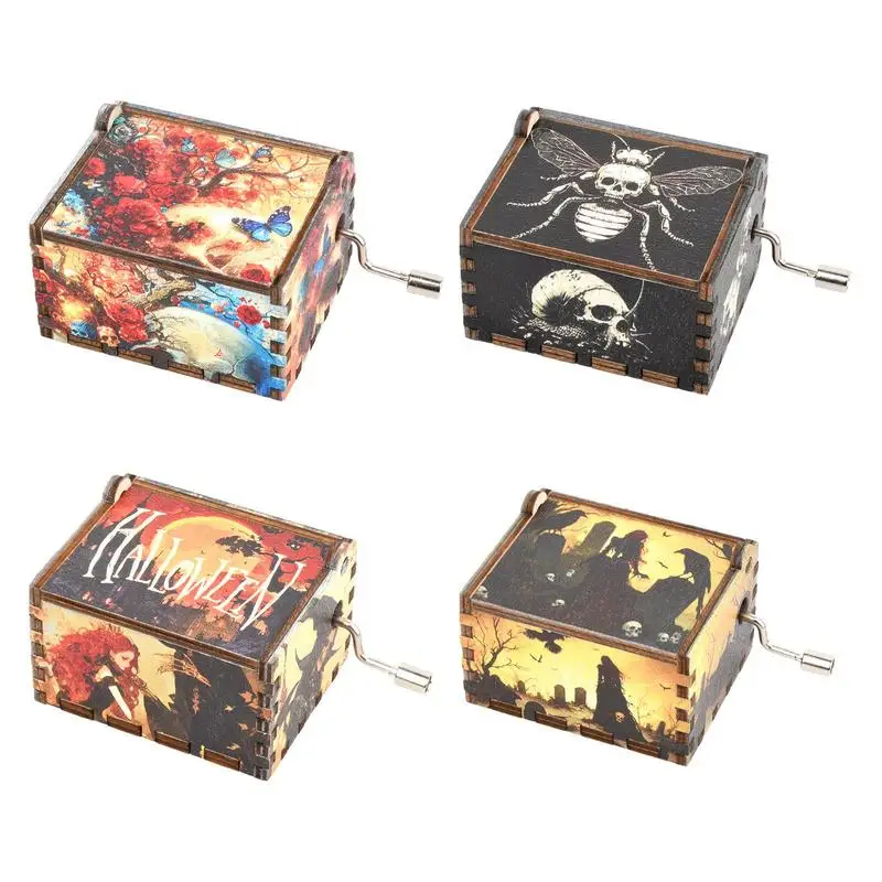 Wooden Antique Carved Hand Cranked Classic Theme Halloween Music Box for Birthday Gifts Family Exquisite Decoration