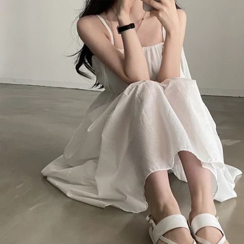 WhitetankDress 여성 디자인 감각 틈새 하이 웨이스트 슬리밍 무릎 민소매 롱 드레스 여름 2023 New Arrival