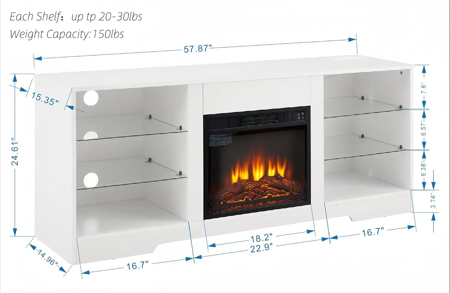 Modern TV Stand with Glass Shelves 3D Fireplace LED Lights USB Outlet Fits 32-65 Inch TVs, Customized