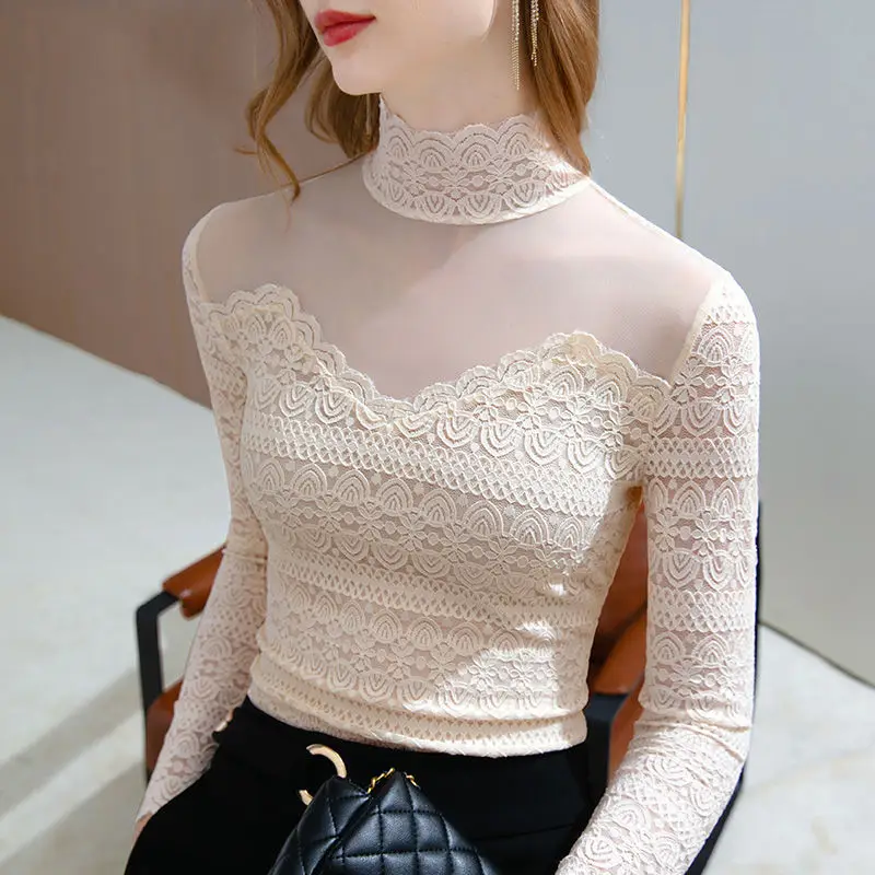 2023 Autumn and Winter Women\'s Pullover Half High Collar Hollow Out Gauze Solid Color Fashion Casual Elegant Long Sleeve Tops