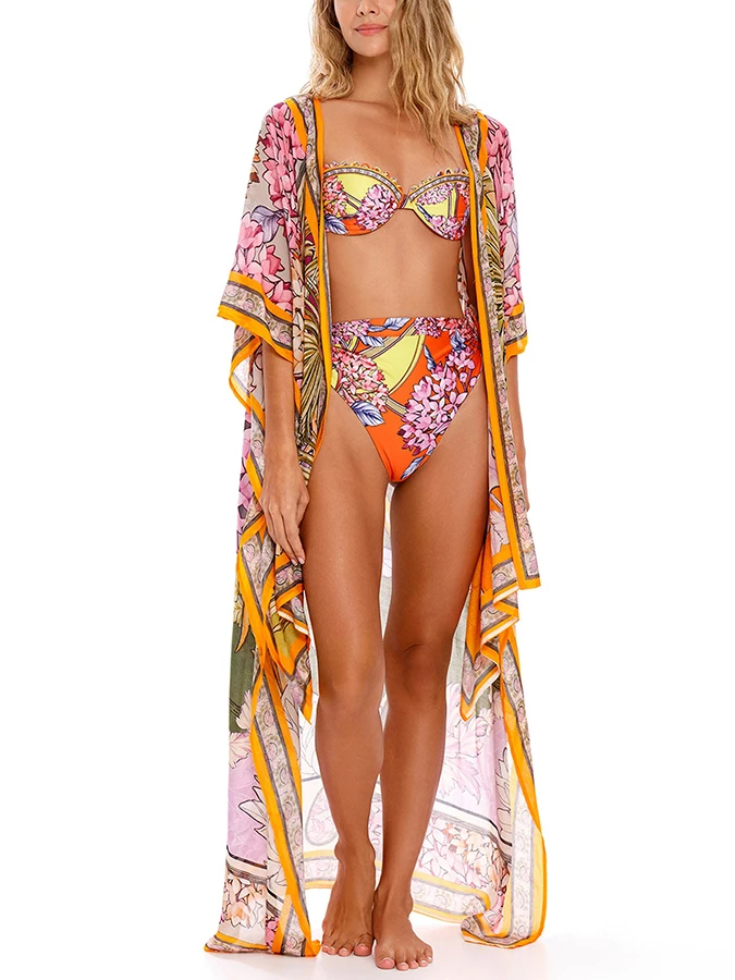 Women\'s Multi-color Floral Color Block Print Leisure Vacation Split Piece Seaside Bikini And Cover Up Beach Yarn Summer New2023