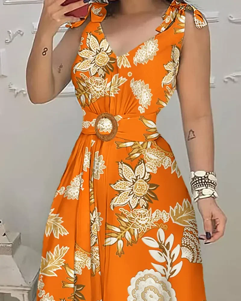 CPSYMYM Summer Woman Casual Chic V-Neck Floral Print Tied Detail Belted Design Sleeveless Maxi Vacation Dress