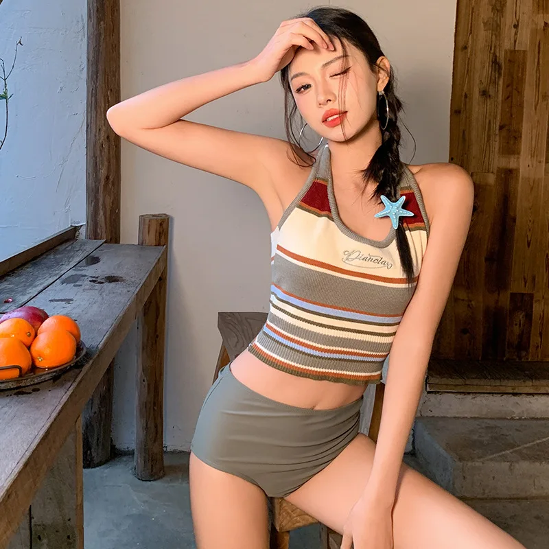 

swimsuit for women, covering their bellies and showing thinness, retro stripes 2025 fresh and conservative Spice Girls swimsuit